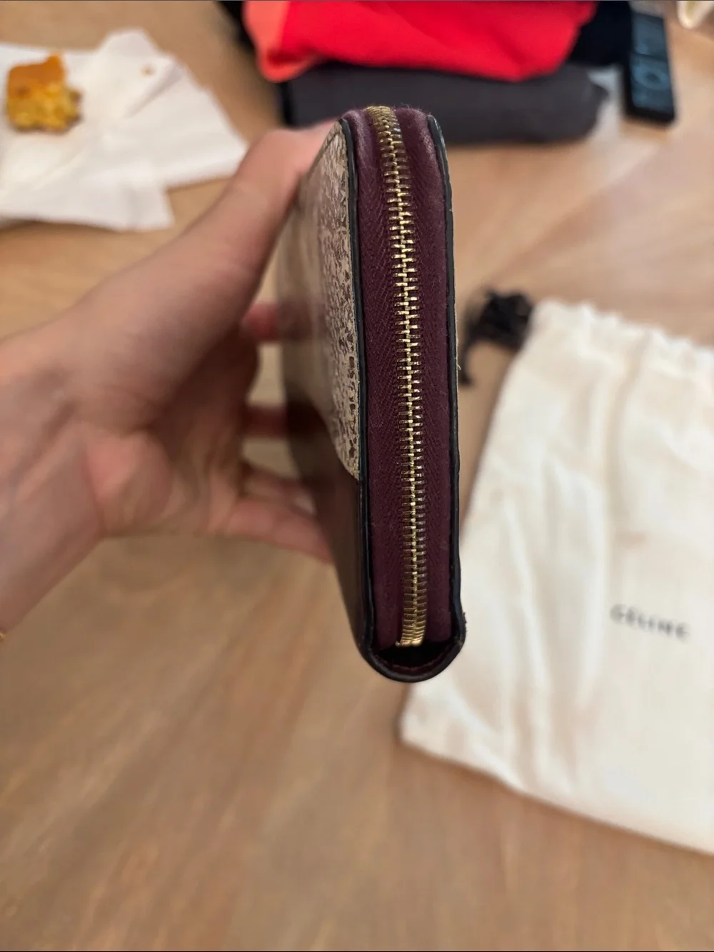 Python-Print Leather Zip Wallet in Maroon and Gray